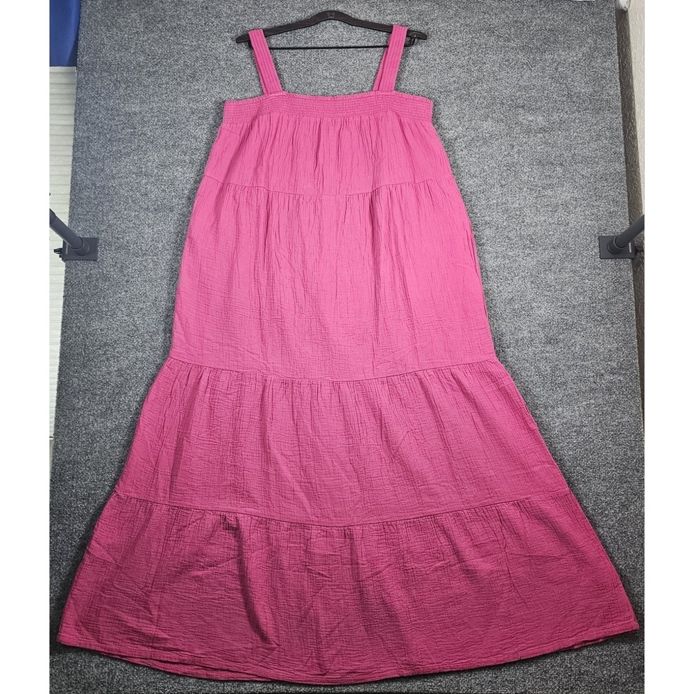 Pact Organic Coastal Double Gauze Strappy Tiered Maxi Dress Size L Flower Pink